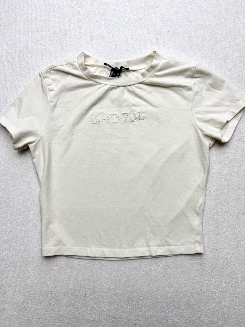 Forever 21 White Embroidered "LOVE YOU" Short Sleeve Tee